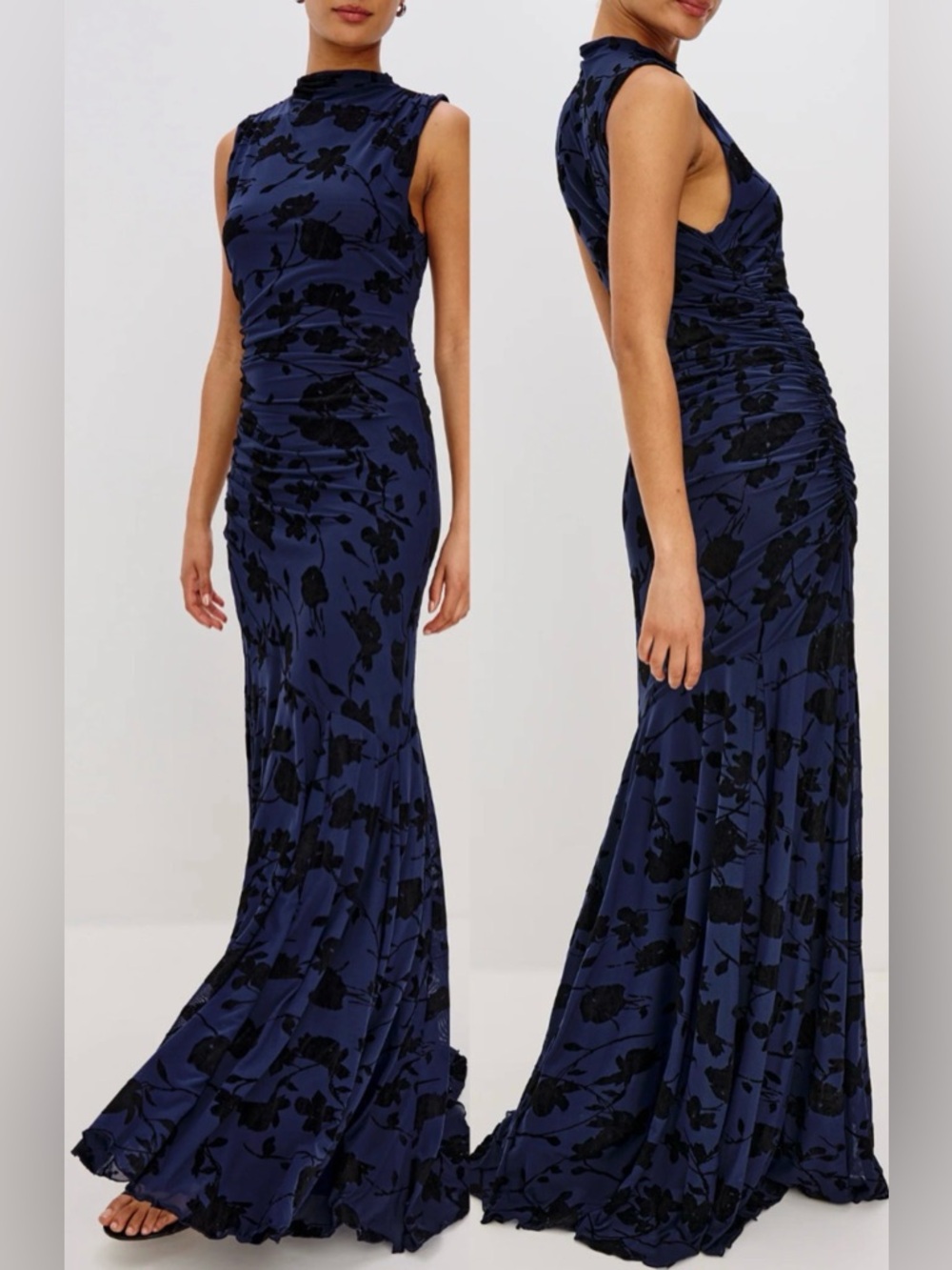 NEW Rails Cosmos Floral Ruched A-Line Navy Tossed rose Gown sz XS
